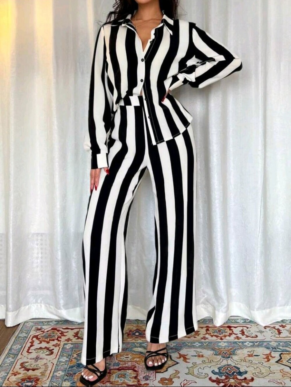 Women's French Elegant Casual, Black & White Long 2 Striped Long Pieces Set - Picture 5 of 6